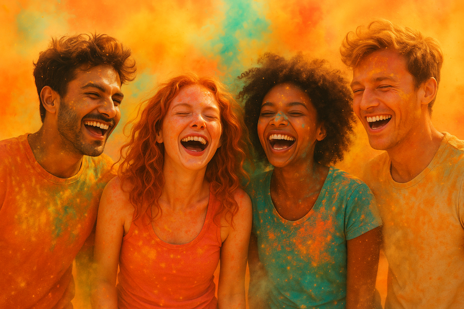 Friends laughing in orange and teal color-powder clouds