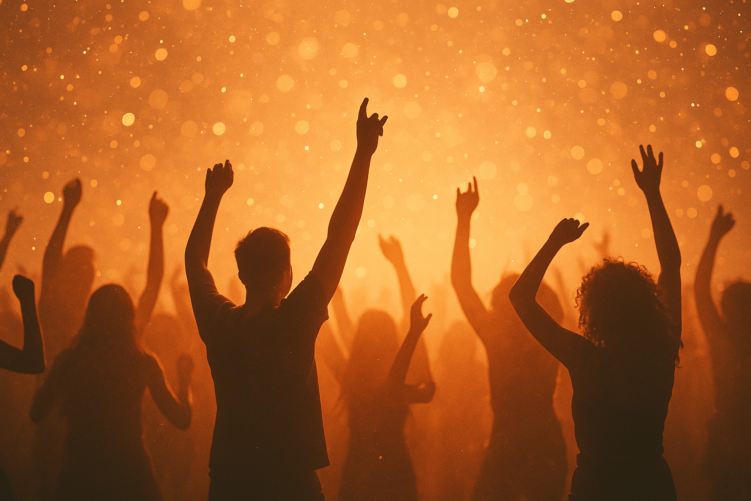 Dancing crowd silhouettes in golden light