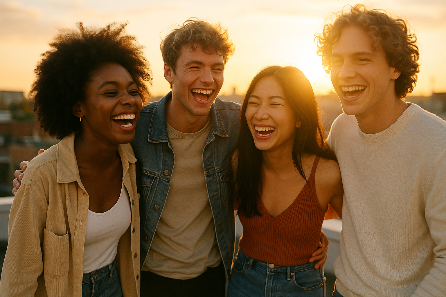 Friends laughing at golden hour
