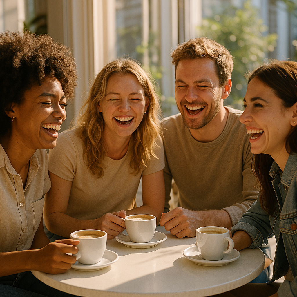 Cafe friends laughing