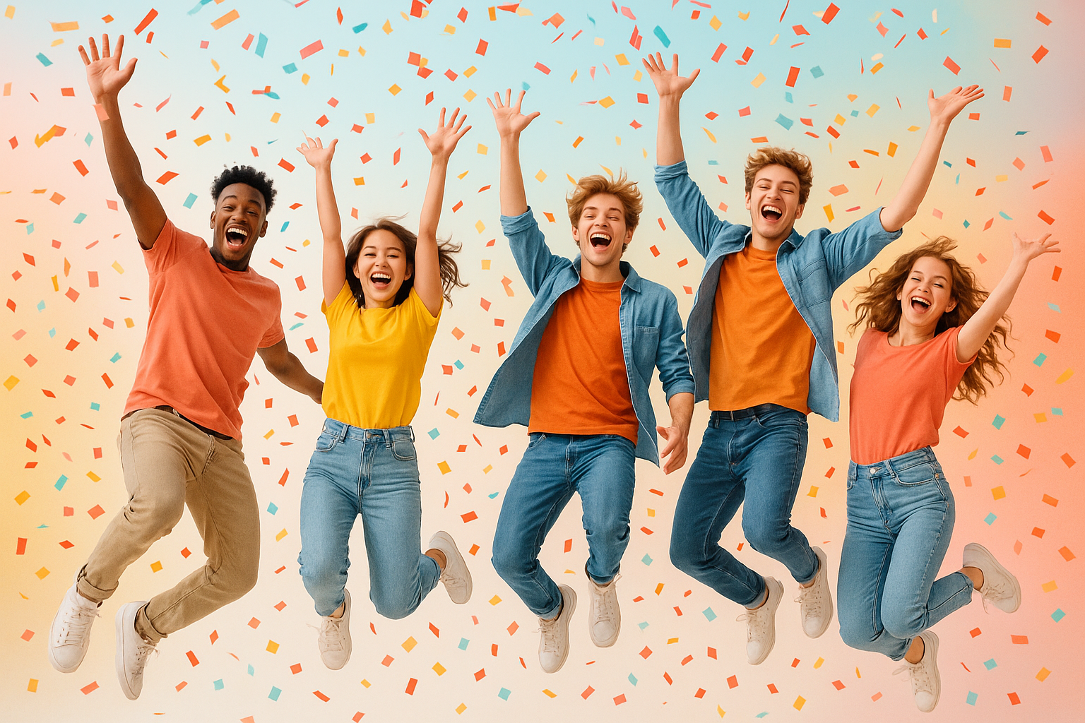 Friends jumping in bright confetti rain