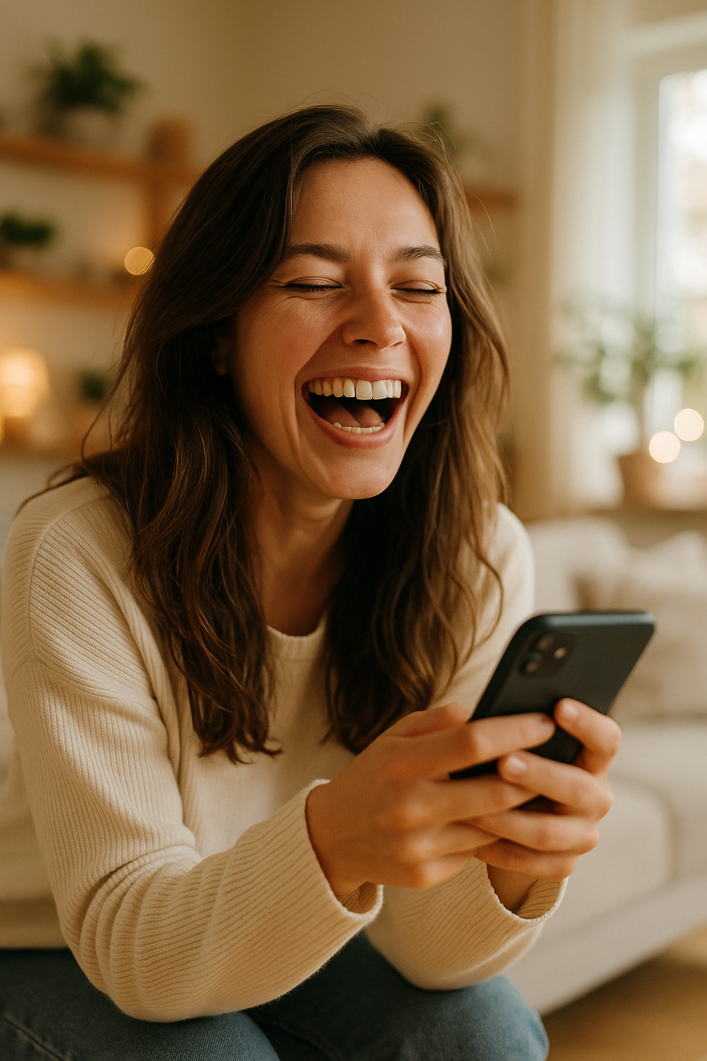 Woman laughing at phone