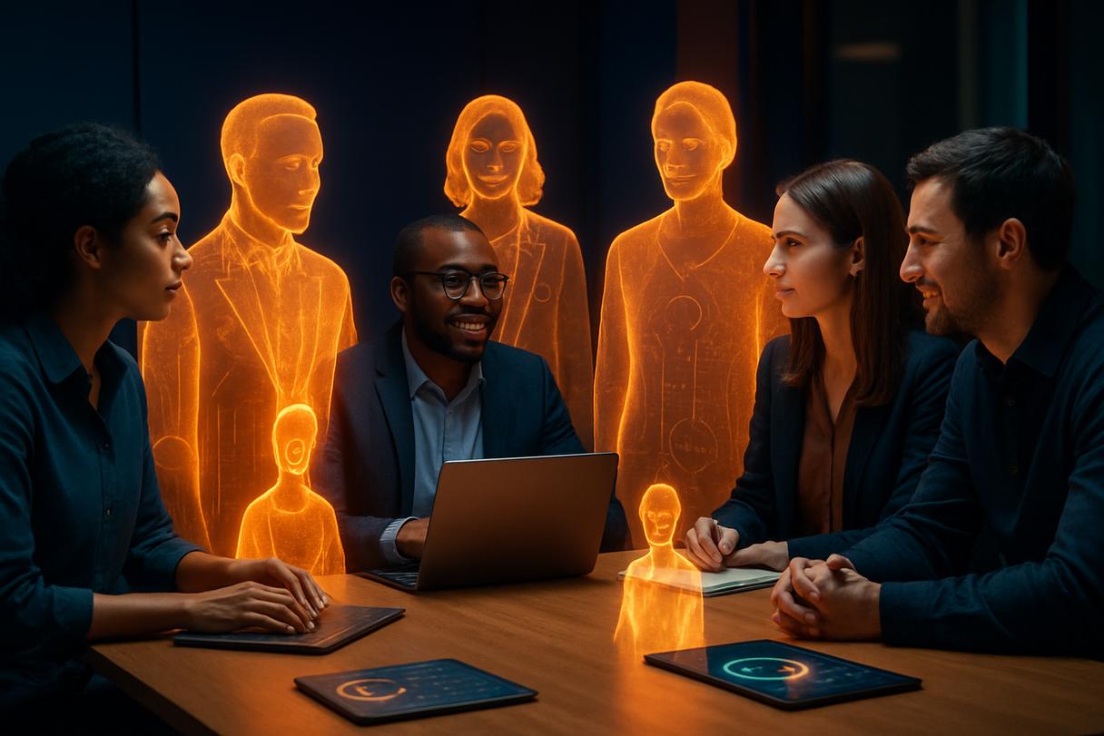 Human and AI team collaborating around a shared workspace