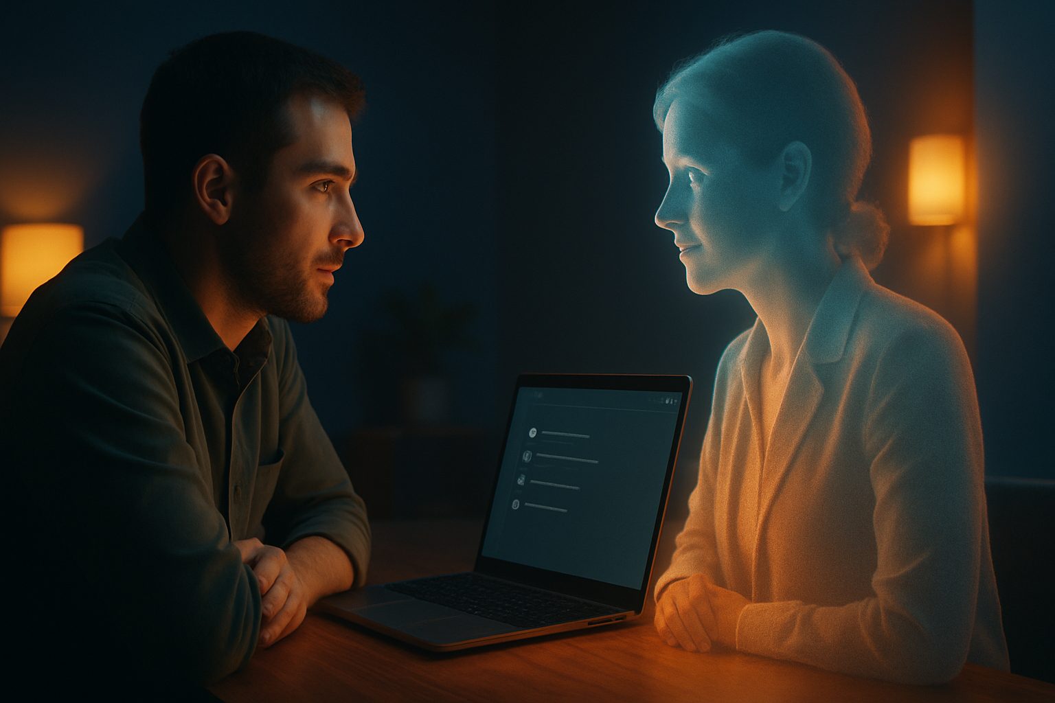 A real employee working alongside a soft glowing virtual employee projection