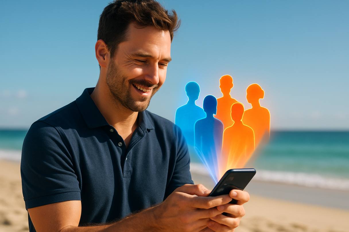 Team member managing operations remotely from the beach
