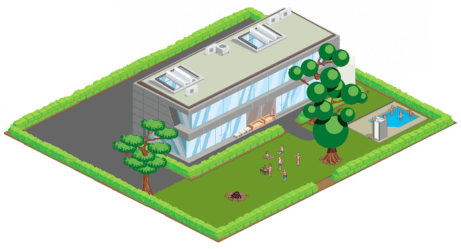 Our HQ as pixel art — building, garden and pool