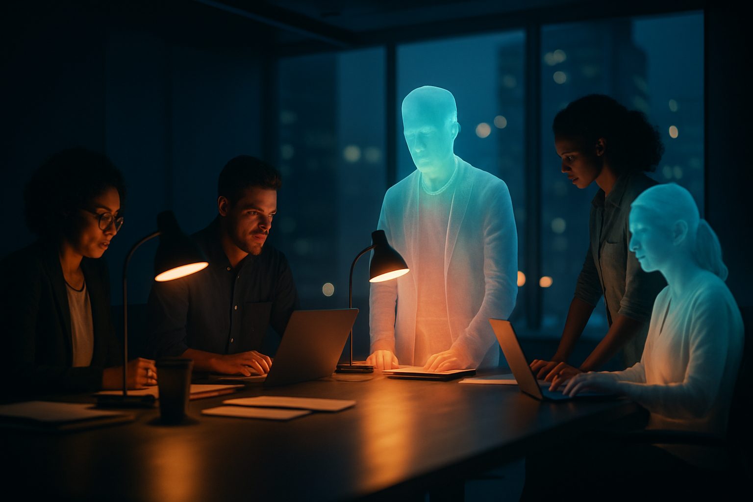 Magora human and AI colleagues collaborating in a modern studio, warm navy and orange light