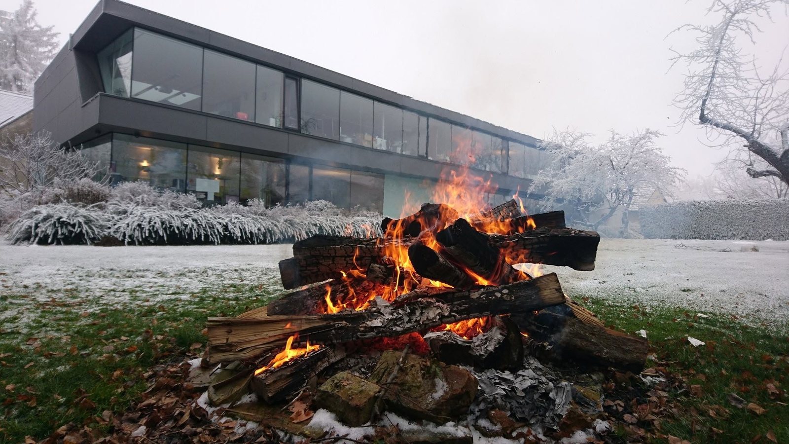 Winter bonfire in front of the office