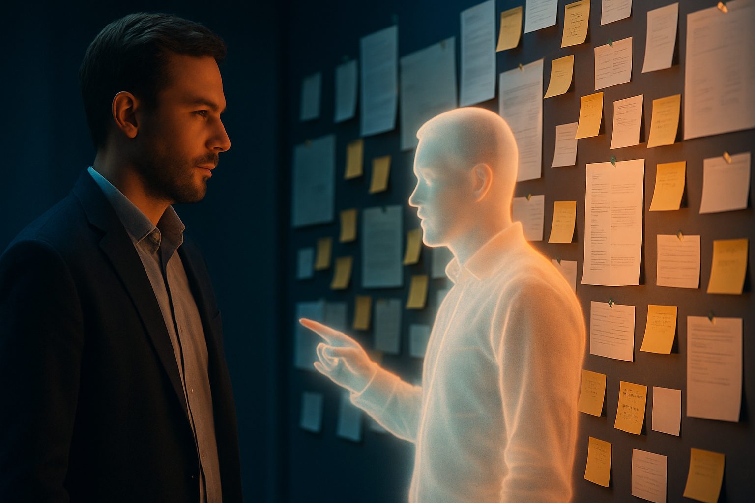 Team reviewing a living knowledge brain visualization on a large display
