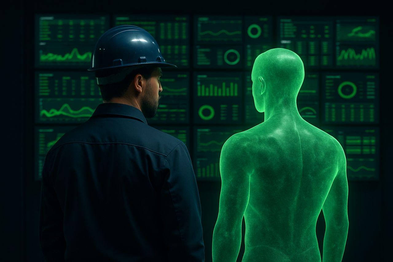 Techniker und KI-gestützte Monitoring-Systeme überwachen gemeinsam die Infrastruktur