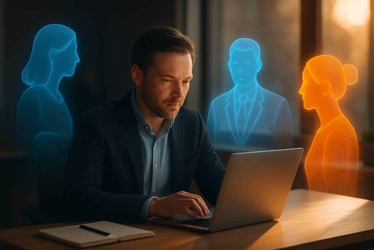Solo operator directing a virtual employee console