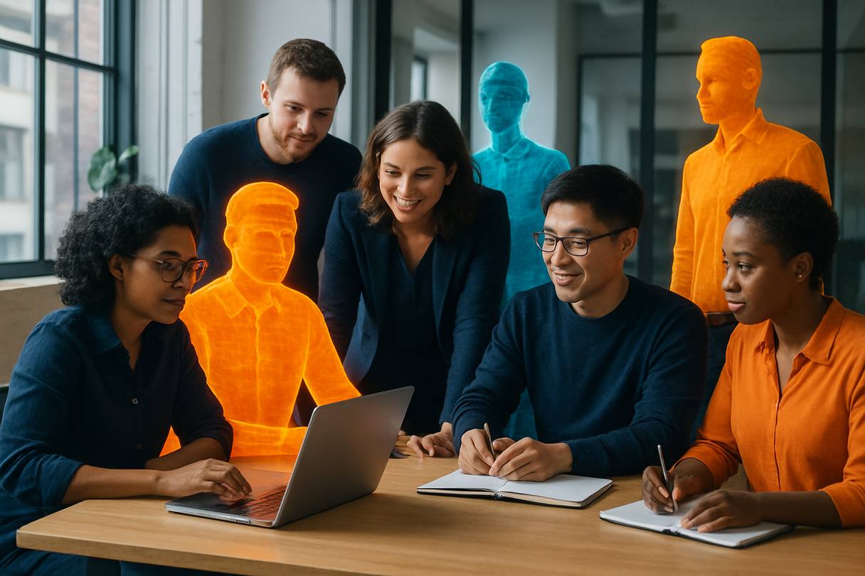 Cross-functional squad collaborating with AI-assisted tools