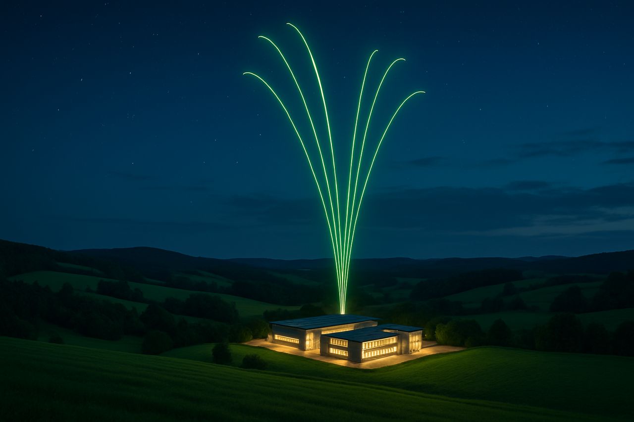 Waldviertel bei Sonnenaufgang, das langsam in ein digitales Cloud-Rechenzentrum übergeht